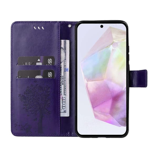 Cat Tree Pattern Leather Wallet Phone Case For Samsung Galaxy A36 5G, with Stand (Purple)