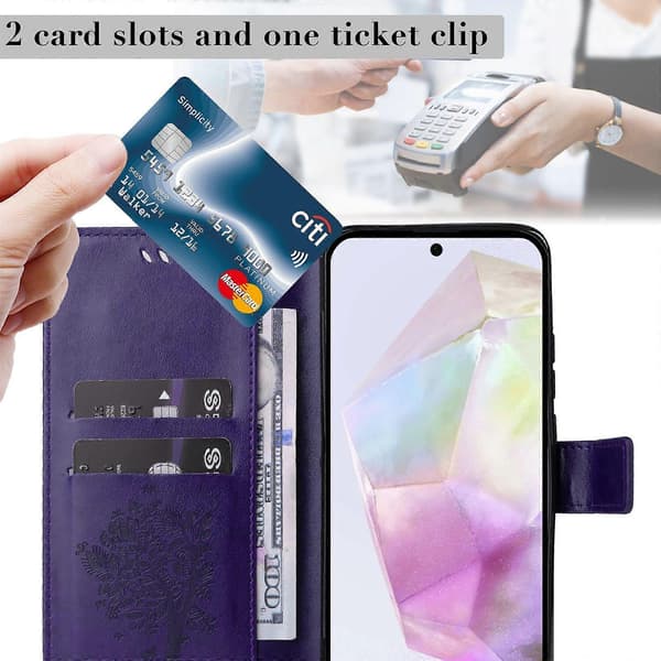 Cat Tree Pattern Leather Wallet Phone Case For Samsung Galaxy A36 5G, with Stand (Purple)