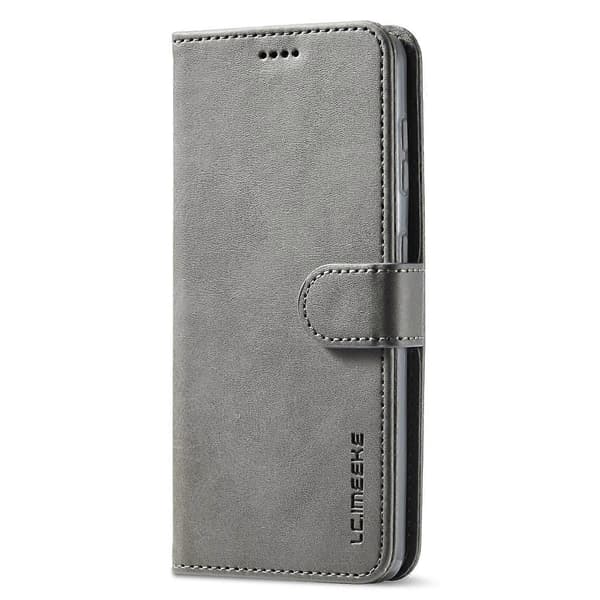 LC.IMEEKE Textured Wallet Case PU Leather Well-Protected Flip Folio Stand Phone Case (Grey)