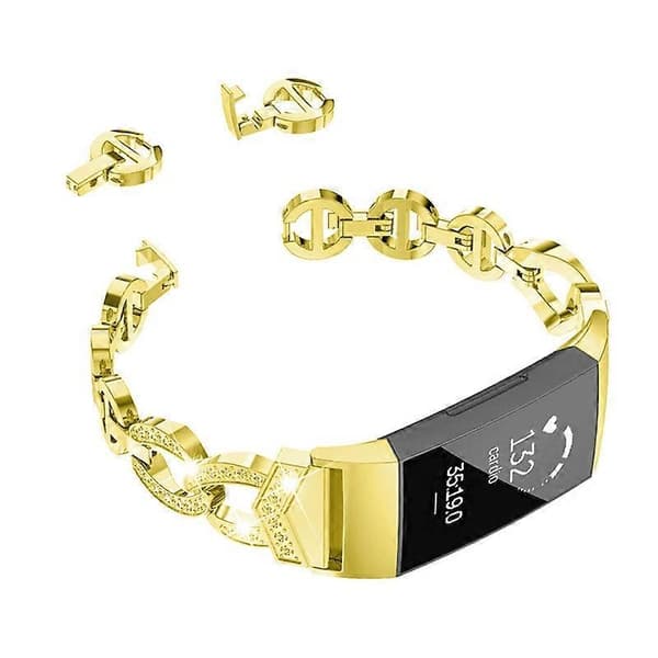 Rhinestone-Decorated Replacement Aluminum Alloy Strap for Smartwatch Fitbit Charge 6 5 Gold