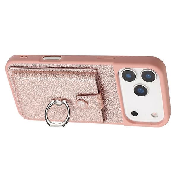 Kompatibelt etui til iPhone 17 Pro Max med ringstativ, kortlomme med trækfunktion, læderbagside (rosaguld)