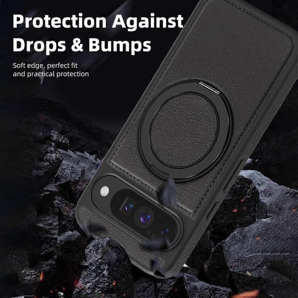 Case for Google Pixel 10 Pro Pixel 10 with Ring Stand Compatible with MagSafe PU Leather Back Co (Black, Black)