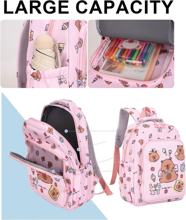 Elementary School Backpack, 3-Piece Set with Lightweight Cute Cartoon Capybara Youth School Backpack, Kids Backpack (Pink)