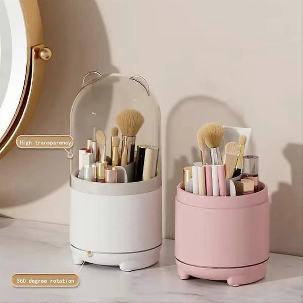 360-degree Rotating Makeup Brush Holder with Dustproof Lid, White