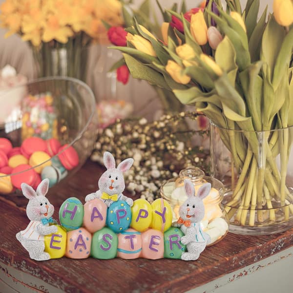 Easter Decorations Hand-Painted Easter Eggs Rabbit Centerpiece, 8.5 Inch Resin Table Decoration