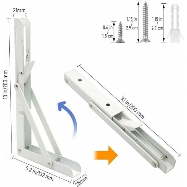 Two-piece shelf bracket set, 250mm foldable wall-mounted shelf bracket, stainless steel, heavy duty white.