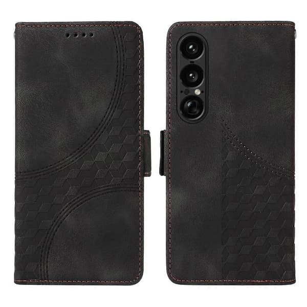 For Sony Xperia 1 VII Leather Case Wallet Diamond Pattern Phone Cover Stand with Strap (Black)