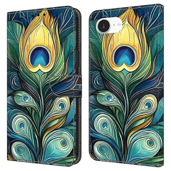 Leather Pattern Print Wallet Stand Flip Phone Case for iPhone 16e (Green Feathers)
