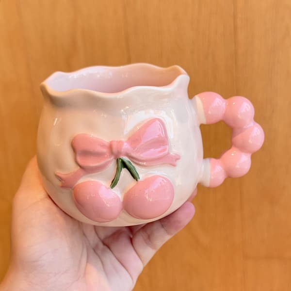 Kaffemuggset, inklusive sked, 3D-rosettdesign, rosa keramisk kaffemugg