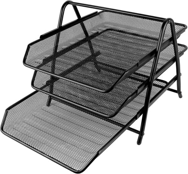 Three-Tier Mesh Desktop Organizer - Black Metal File Organizer