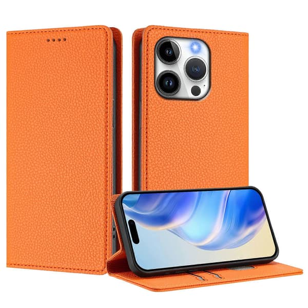 Compatible Wallet Case for iPhone 15 Pro RFID Litchi Texture Leather Phone Cover (Orange)