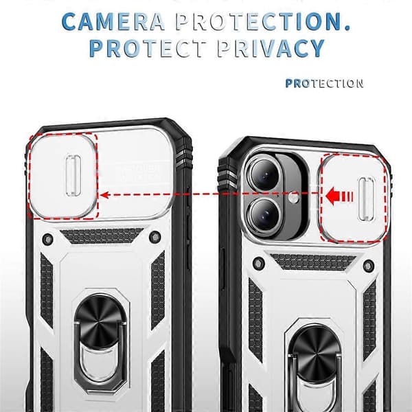 Kompatibelt deksel til iPhone 17 TPU + PC Slide Camshield med stativ (hvit)