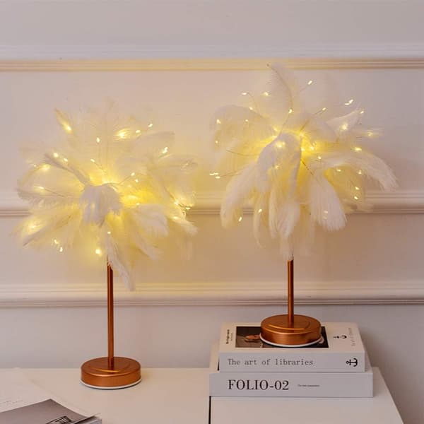 LED Feather Table Lamp with Remote Control, 3-Speed Timing / 3-Speed Brightness Adjustment (25% / 50% / ) / 3-Speed Mode Setting, Modern Nordic