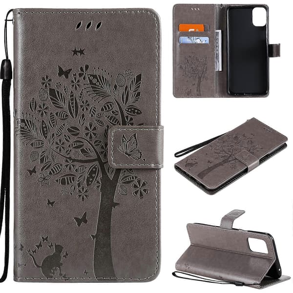 For LG K42 Tree & Cat Pattern Pressed Print Horizontal Flip PU Leather Case with Holder & Card Slots & Wallet & Lanyard