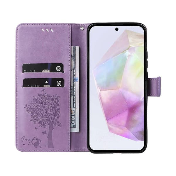 Cat Tree Pattern Leather Wallet Phone Case For Samsung Galaxy A36 5G, with Stand (Light Purple)