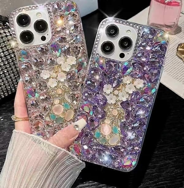 Plum Blossom Handmade Diamond Inlay PC Phone Case (Purple, For iPhone 15 Plus)