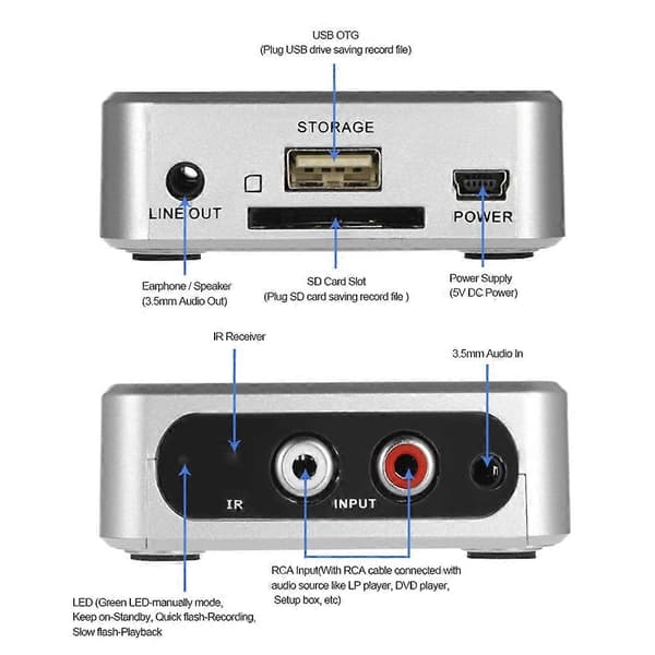 Musikkdigitaliserer lydopptakerboks konverterer gammel analog musikk til MP3 støtter USB-stasjon eller SD-kort silver