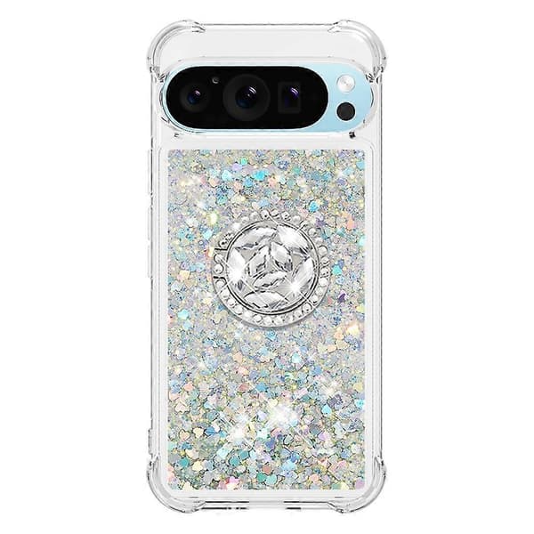 For Google Pixel 10 Pro TPU-deksel med stativ Quicksand Støtsikkert beskyttelse - Sølv/Hjerter (Sølv/Hjerter)