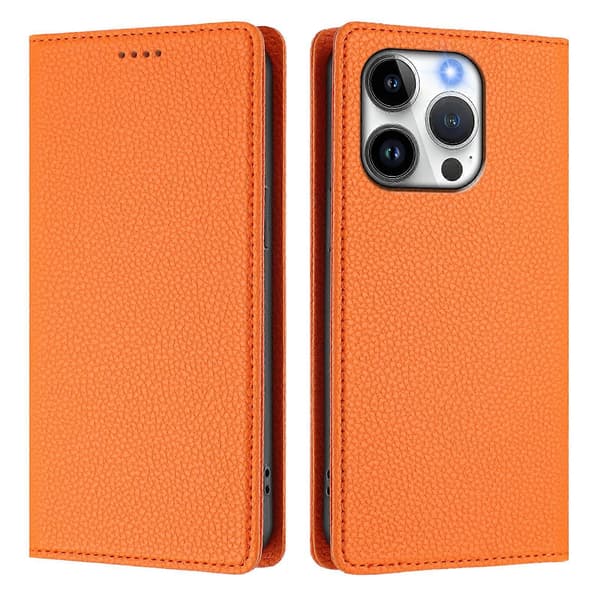 Compatible Wallet Case for iPhone 15 Pro RFID Litchi Texture Leather Phone Cover (Orange)