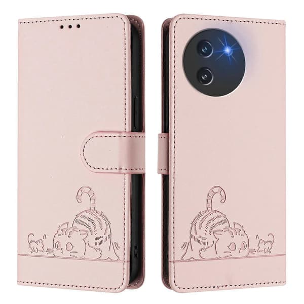 Cat Mouse Embossed Pattern RFID Leather Phone Case with Lanyard (For Doogee Note 59 5G / Note 59 Pro)