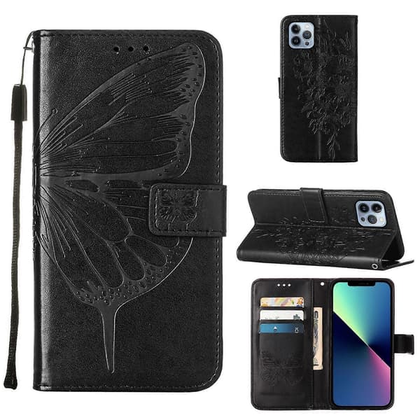 Præget sommerfugl læder telefoncover (til iPhone 15 Pro Max)