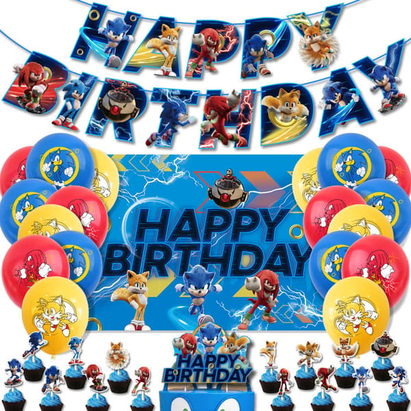 Sonic Birthday Theme Party Decoration Cartoon Pull Flag Insert Balloon Set