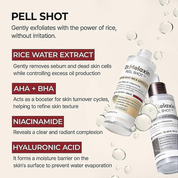 2 STK Dr.Melaxin PEEL SHOT GLOW EXFOLIANT RICE AMPOULE (HVIT RIS/SVART RIS) 25-26 (2st ris og svart ris)