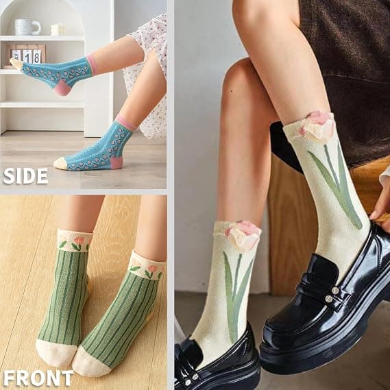 4-pack Women's Socks, Cute Floral Pattern, Loose and Soft, Seamless Toe, Thin, Casual