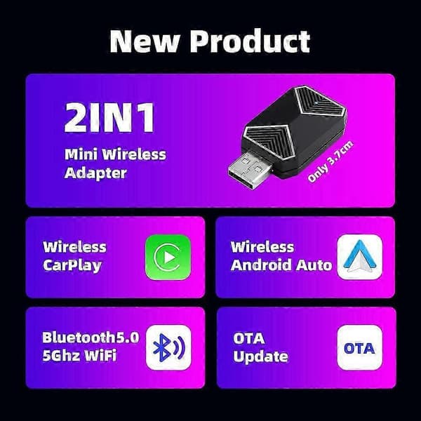 2-i-1 Trådløs CarPlay og Android Auto Adapter Smart AI Box med 5Ghz WiFi & Bluetooth-forbindelse til Biltilbehør