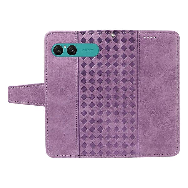Compatible for Sony Xperia 10 VII Leather Case Wallet Stand Grid Pattern Phone Cover with Strap (Light Purple)