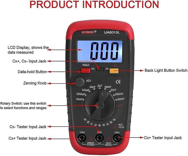 Digital kapacitansmåler, kondensatortester 0,1pf - 20000uf med LCD-baggrundsbelysning Max 1999-display