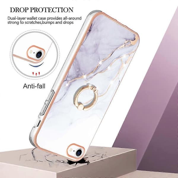 Case for iPhone 7 8 SE (2020) SE (2022) with Ring Kickstand Marble Pattern Electroplating TPU Back Cover C (White 006)