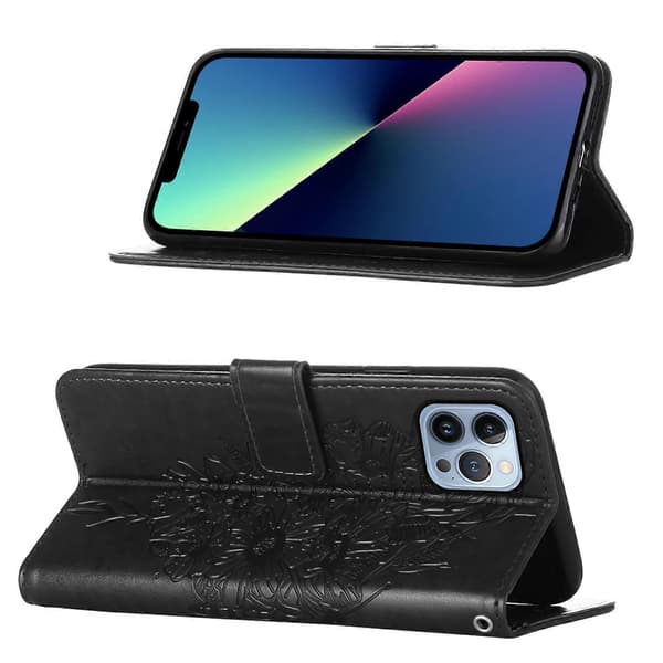 Præget sommerfugl læder telefoncover (til iPhone 15 Pro Max)