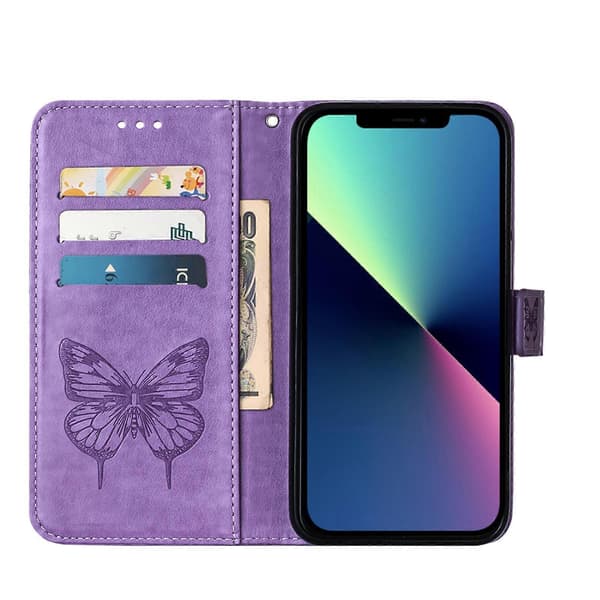 Præget sommerfugl læder telefoncover (til iPhone 15 Pro)
