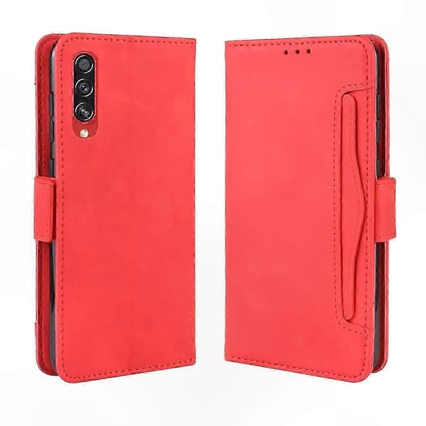Leather Wallet Case with Card Slots for Galaxy A90 5G, Calf Pattern Design (Red)