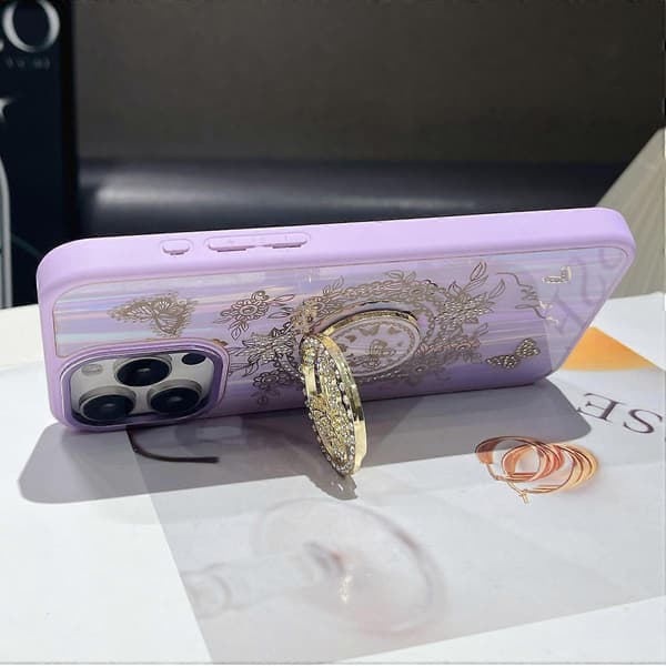 Case for iPhone 16 Pro Max Aurora Butterfly Pattern TPU+PC Phone Back Cover with Stand (Purple)