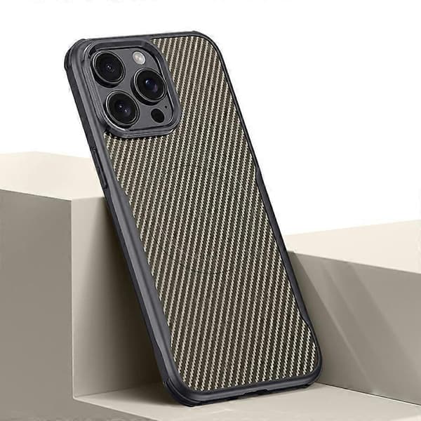 Case for iPhone 15 Pro Compatible with MagSafe Carbon Fiber Texture Leather Coated PC+Silicone Protective Case (Desert Gold)
