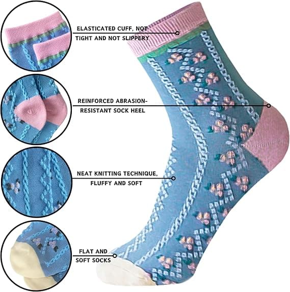 4-pack Women's Socks, Cute Floral Pattern, Loose and Soft, Seamless Toe, Thin, Casual