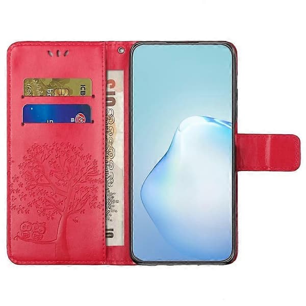 Compatible Wallet Case for iPhone 16 Pro PU Leather Owl Tree Printed Phone Cover (Red)