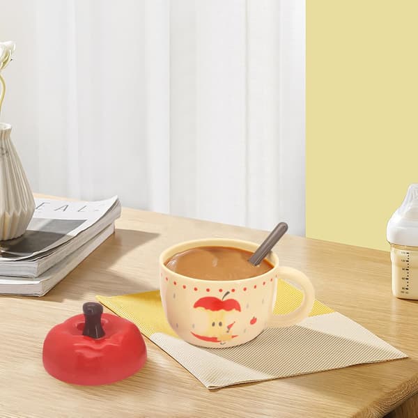 Söt mugg, presentförpackning, äppelformad kaffemugg med lock, keramisk kaffe-/temugg