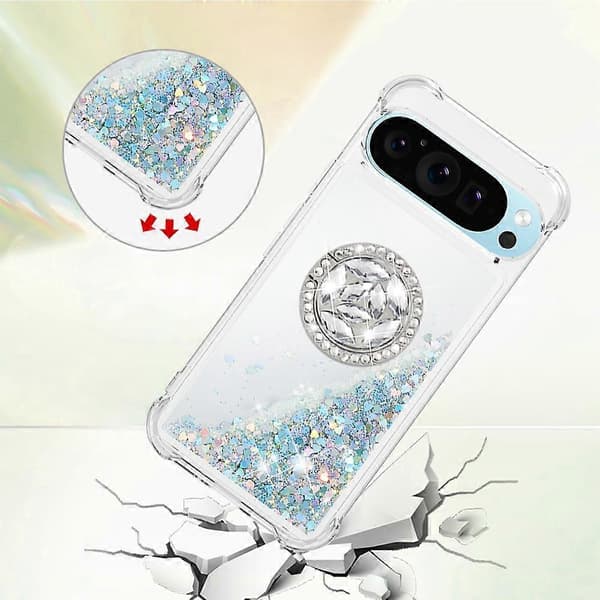 Til Google Pixel 10 Pro TPU-etui med stativ Quicksand Stødsikker beskyttelse - Sølv/hjerter (Sølv/hjerter)