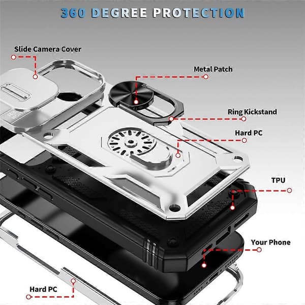 Kompatibelt deksel til iPhone 17 TPU + PC Slide Camshield med stativ (hvit)