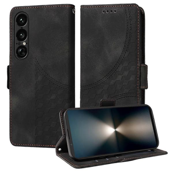 For Sony Xperia 1 VII Leather Case Wallet Diamond Pattern Phone Cover Stand with Strap (Black)