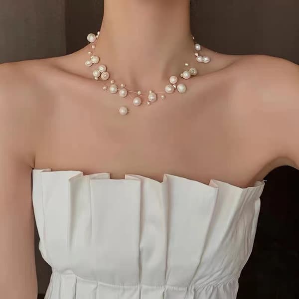 White Cultured Freshwater Pearl Multilayered Bridal Choker
