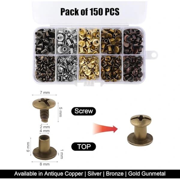 150 set Chicago Screws, 8mm Flat Head Screws Rivets Binding Screws Leather, Rivets Leather Screw Rivets with Storage Box for Crafts