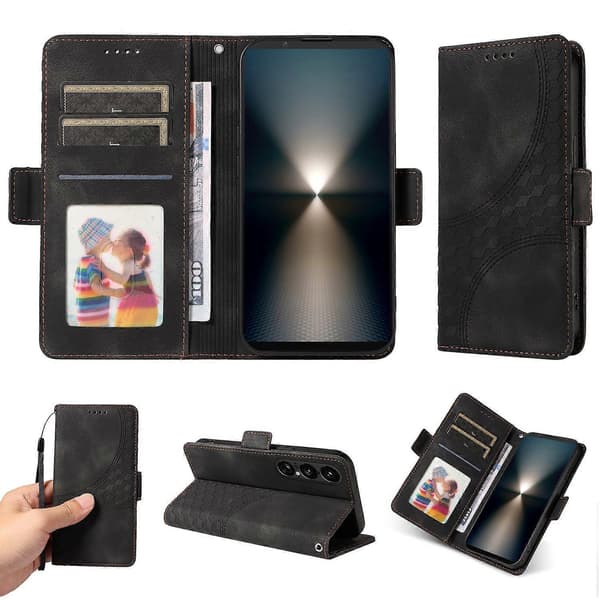 For Sony Xperia 1 VII Leather Case Wallet Diamond Pattern Phone Cover Stand with Strap (Black)