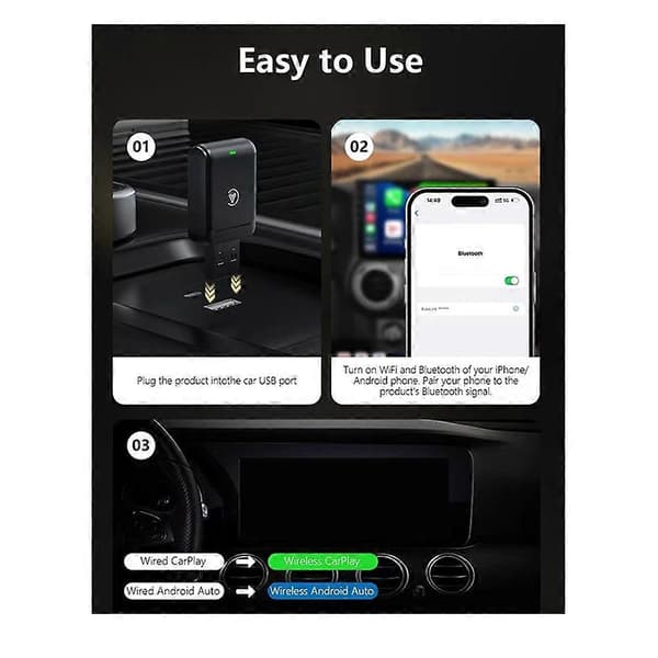 Bärbar Smart Box för bil, Android Auto Carplay-modul, 2-i-1 trådlös Carplay-box Black