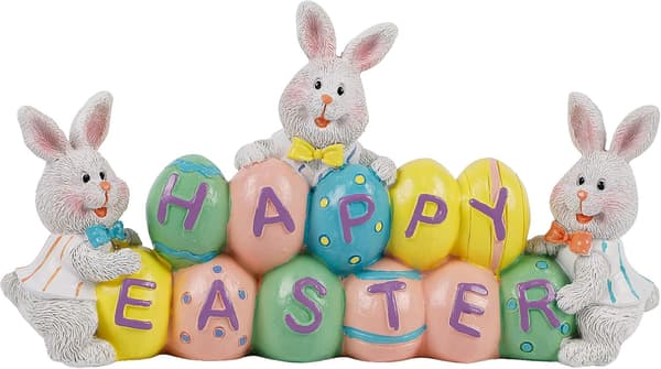 Easter Decorations Hand-Painted Easter Eggs Rabbit Centerpiece, 8.5 Inch Resin Table Decoration