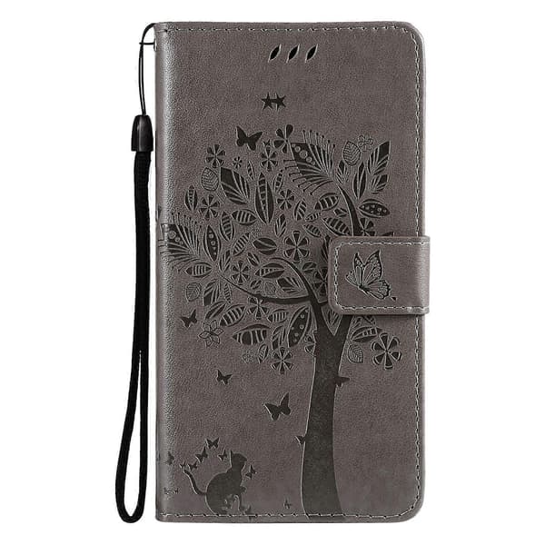 For LG K42 Tree & Cat Pattern Pressed Print Horizontal Flip PU Leather Case with Holder & Card Slots & Wallet & Lanyard