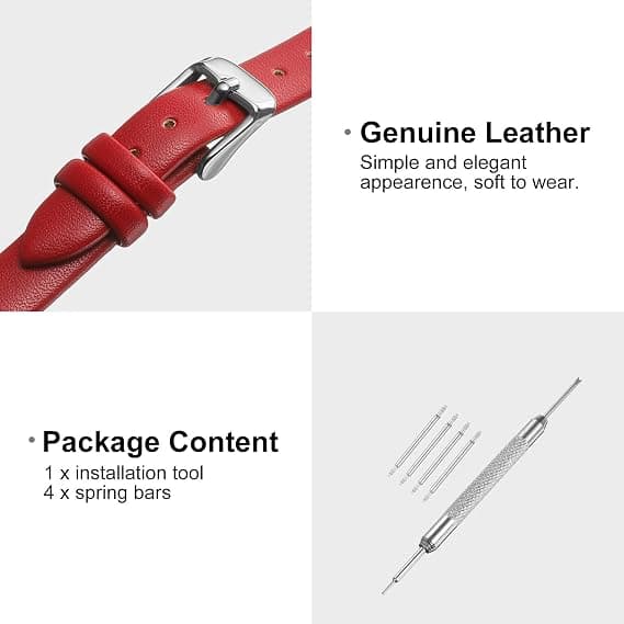 Røde ekte lærreimer i flere størrelser, flat, smal og elegant unisex-design.